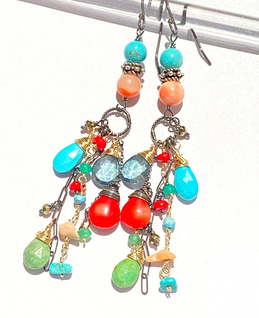 Turquoise Long Boho Earrings Mixed Metal Red Coral Green Turquoise