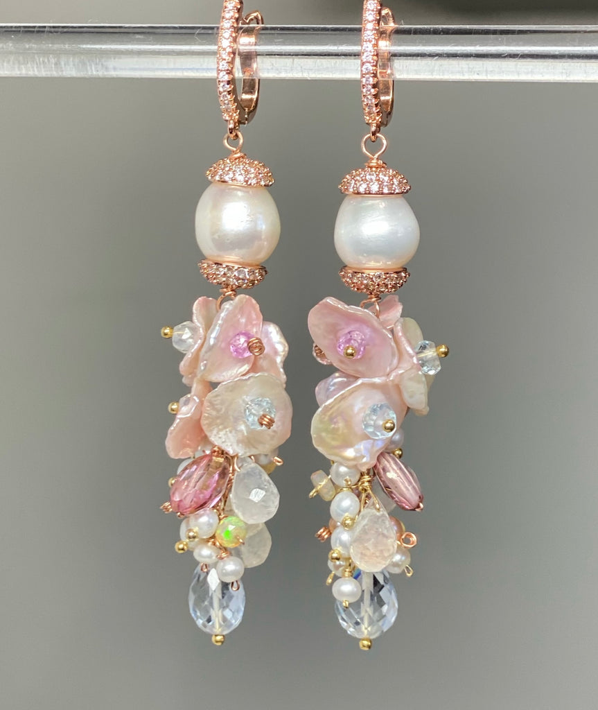 Pink and blue and pearl rose gold long dangle earrings