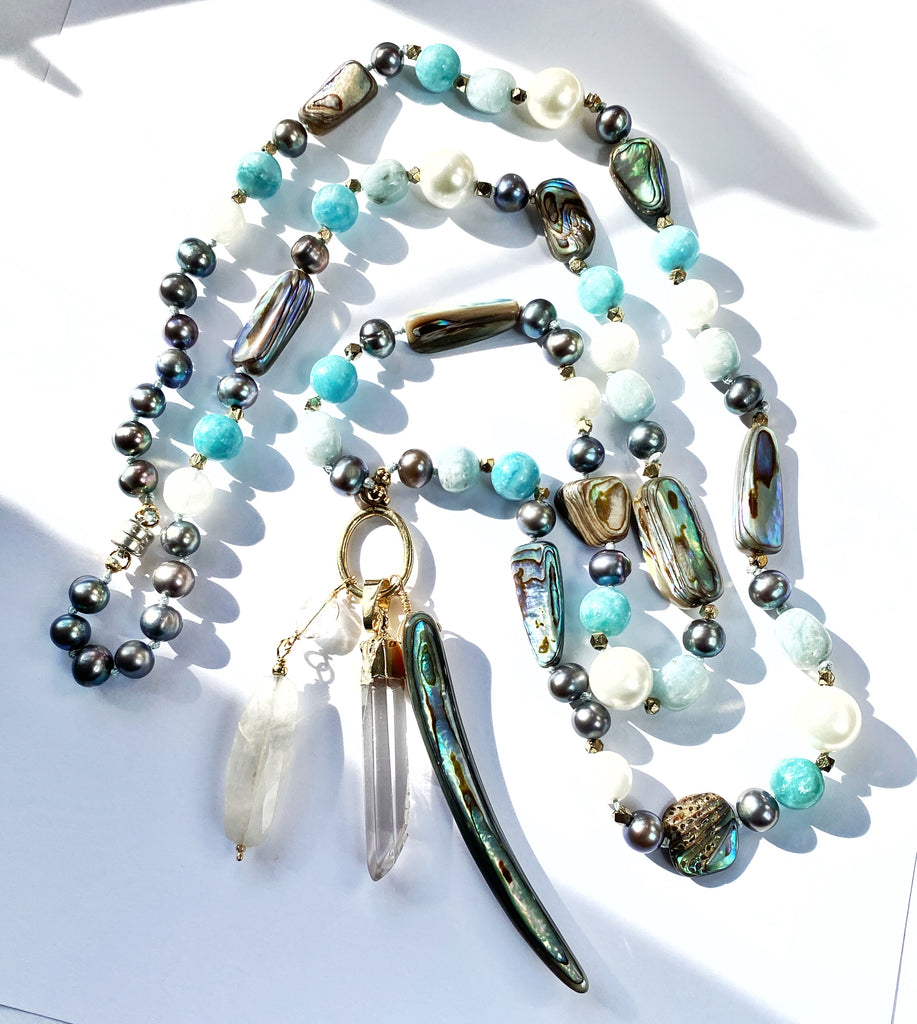 Abalone Long Necklace with Aquamarine, Moonstone, Pearl