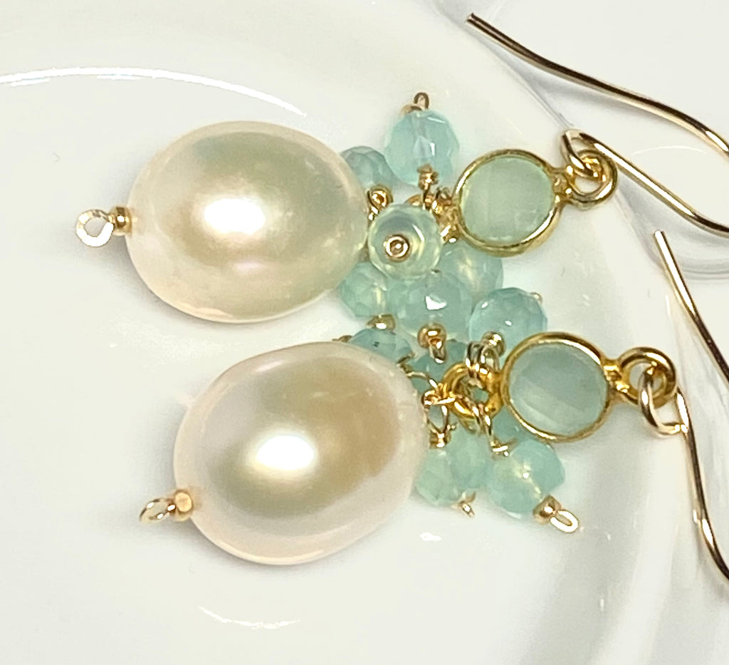Pearl, Gemstone Cluster, Aqua and Dangle Earring - Doolittle