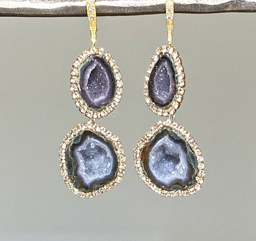 Silvery Gray Tabasco Geode Double Dangle Earrings Diamond Look