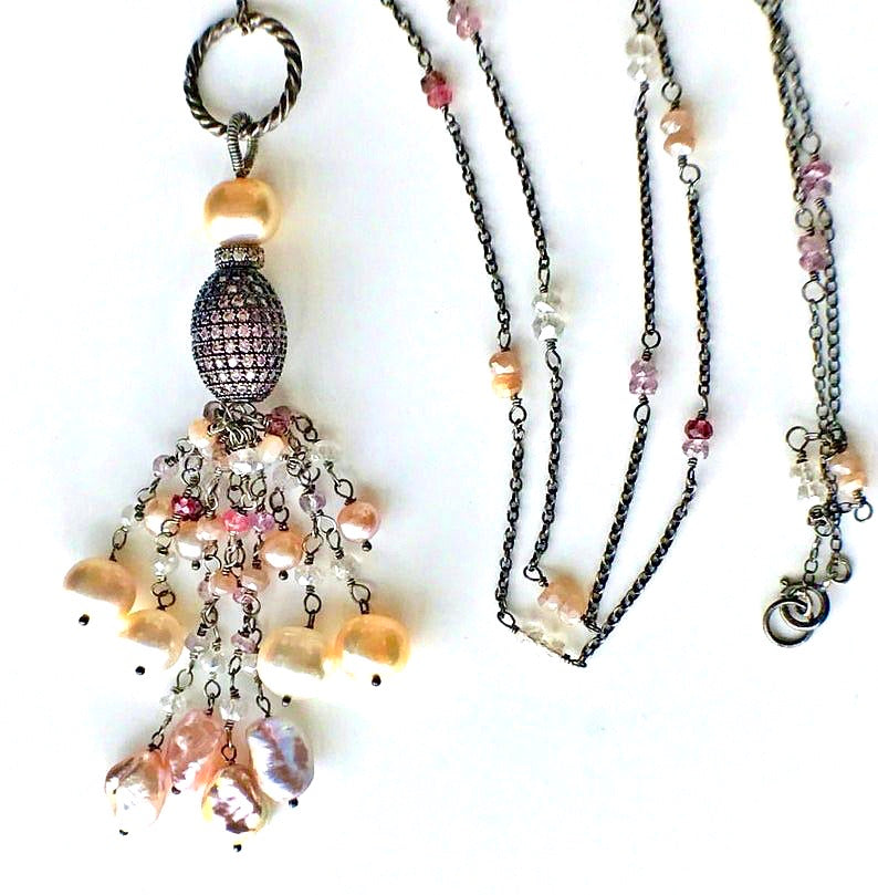 Blush Keishi Pearl Pink Spinel Oxidized Silver Long Tassel Necklace Pave CZ