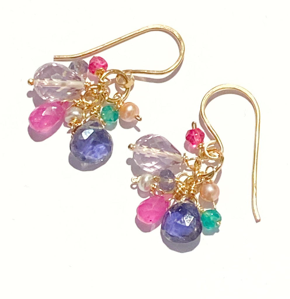 Multicolor Gemstone Dangle Earrings Pink Sapphire Gold Fill