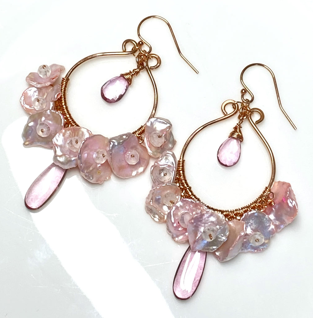 Rose Gold Hoop Earrings with Blush Keishi Pearls and Pink Topaz