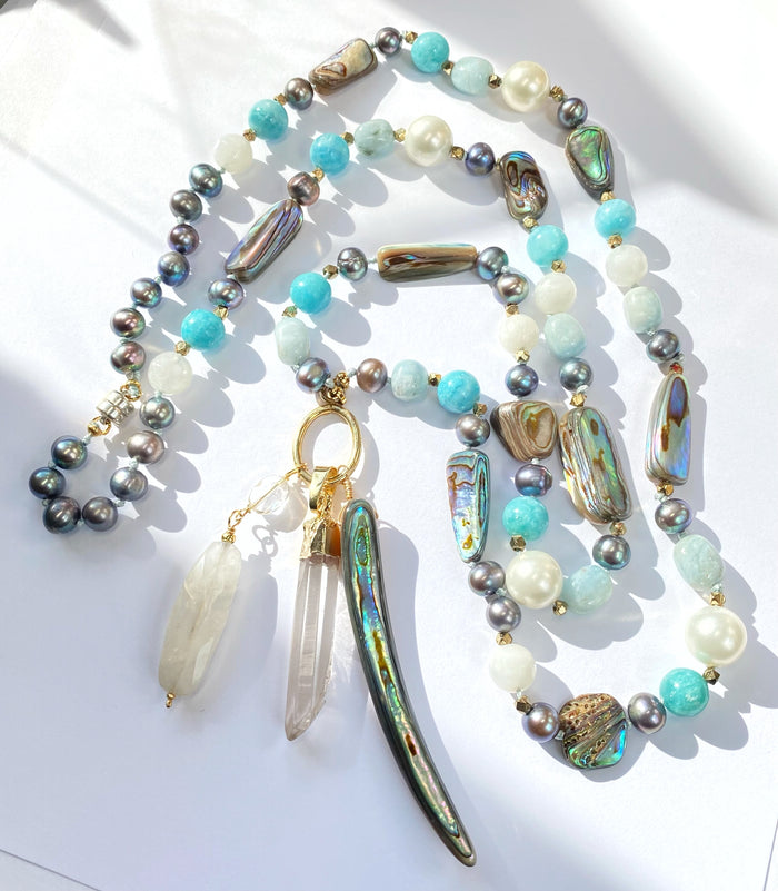 Abalone Long Necklace with Aquamarine, Moonstone, Pearl