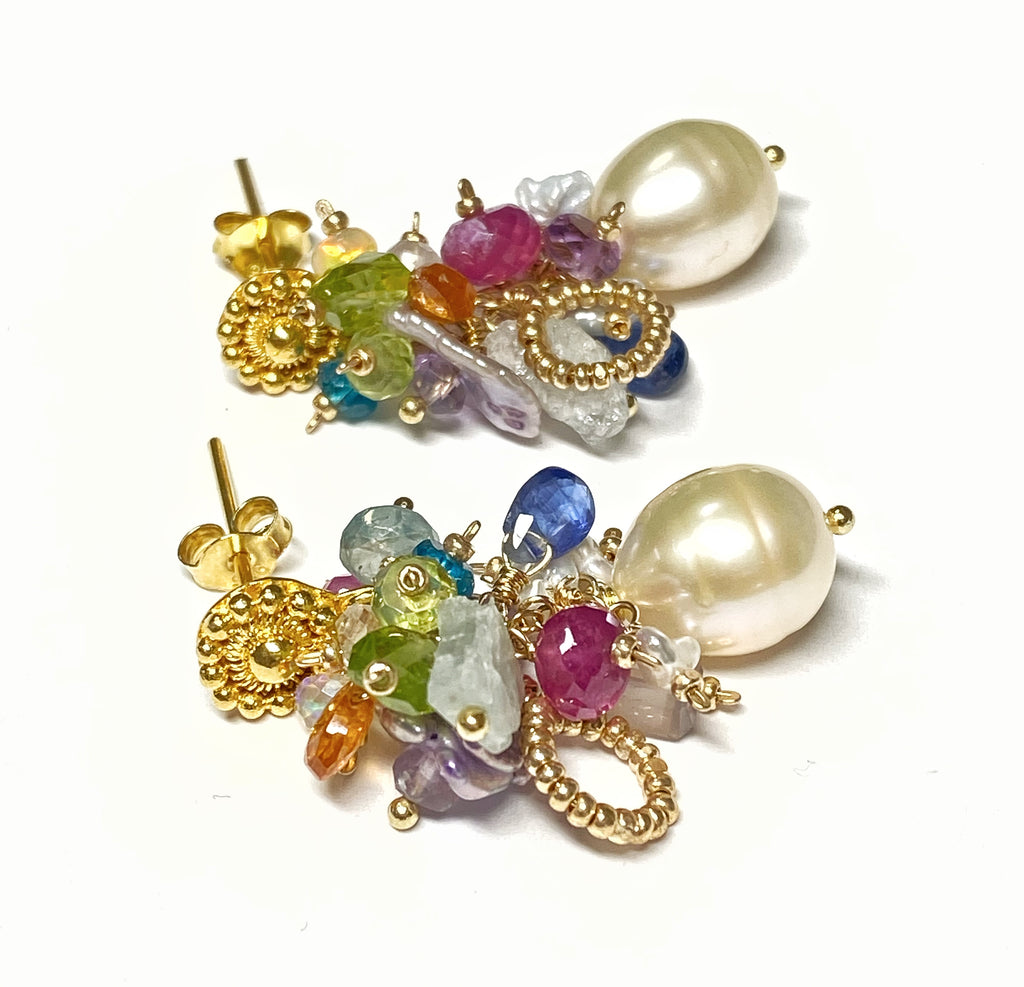 Pearl and Multi Gemstone Cluster Earrings