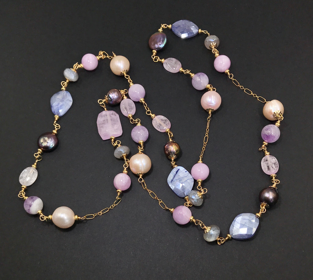 Long Multicolor Gem Stone Necklace Gold Kunzite, Blue Sapphire, Moonstone, Pearl - doolittlejewelry