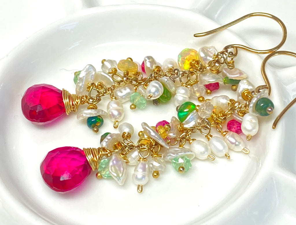 Pink, Red and Pearl Multicolor Opal Earring - Doolittle