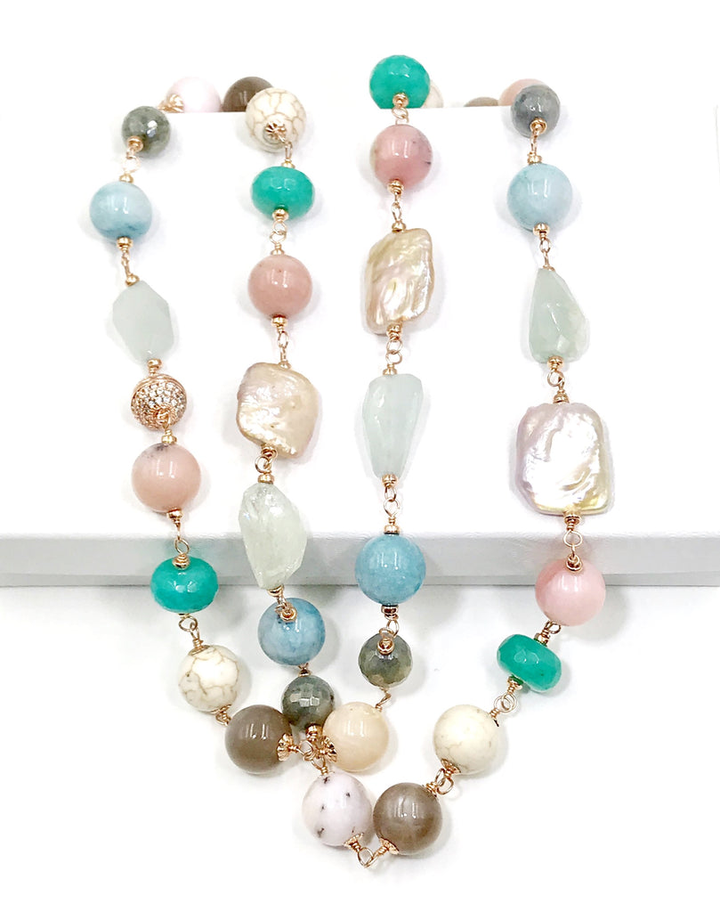 Multi-color Gemstone Pearl Necklace Wire Wrapped Rose Gold