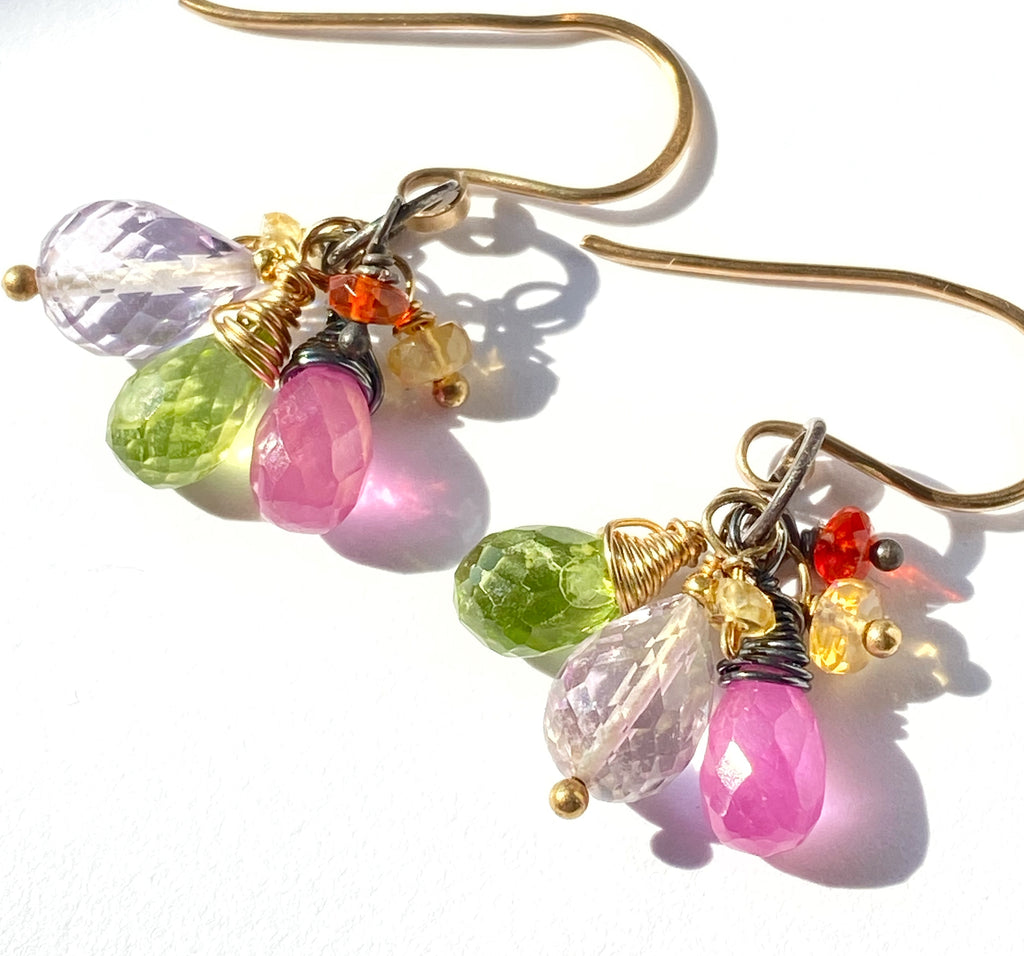 multi-color gemstone dangle earrings mixed metal peridot pink sapphire amethyst earrings