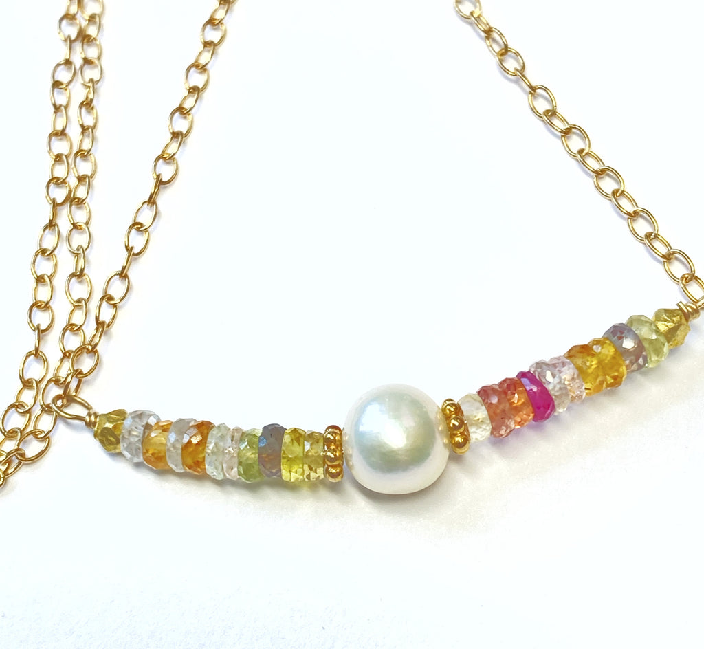 Sapphire Bar Necklace Gold Pastel Gemstone and Pearl Dainty Choker