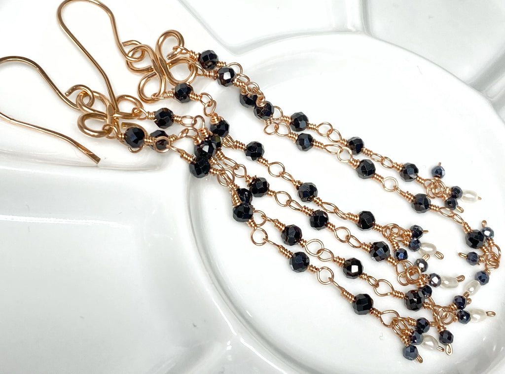 Long Black Spinel Shoulder Duster Dangle Earrings Rose Gold