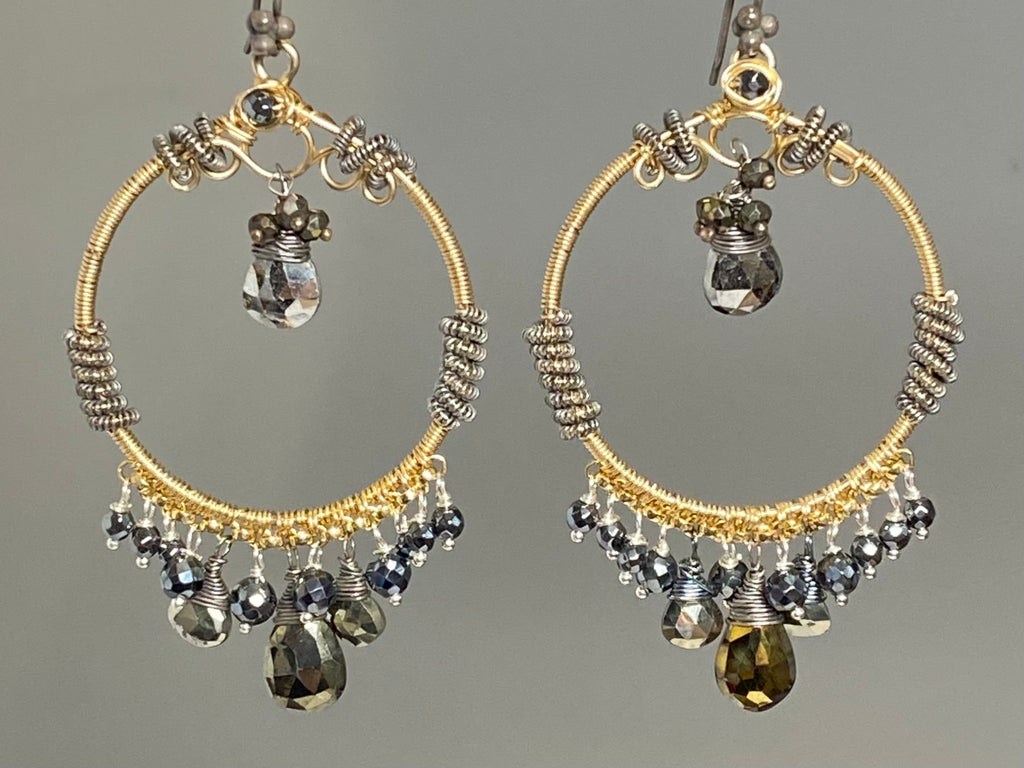 luxury boho hoop earrings in mixed metals with pyrite and black spinel and oxidized silver and gold fill