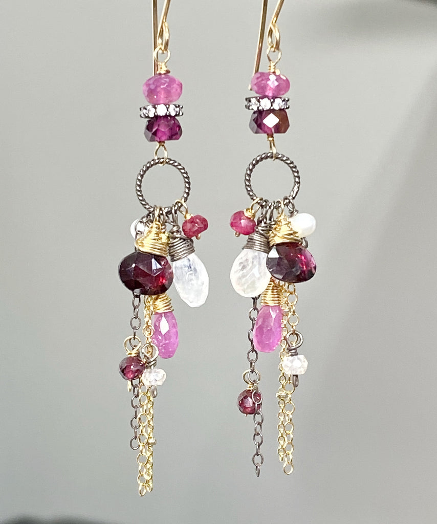 Red Gem Long Boho Chain Dangle Earrings Mixed Metal with Sapphire and Moonstone