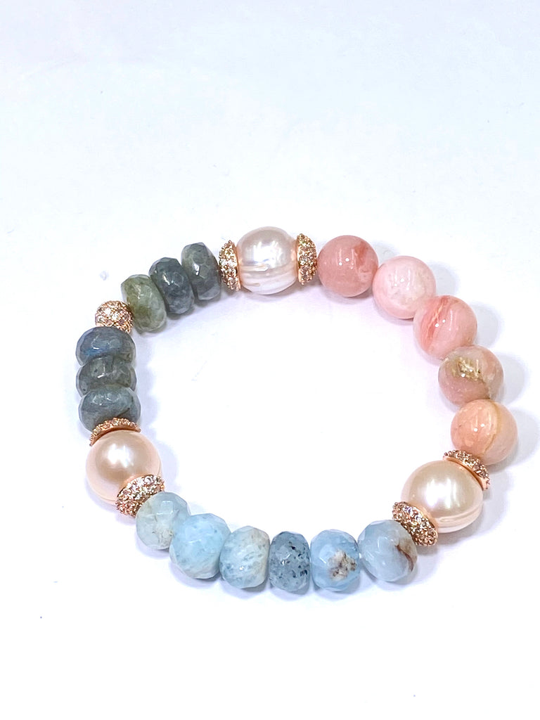 Aquamarine, Labradorite, Pink Opal, Blush Pearl, Rose Gold Pave CZ Bracelet 3 - doolittlejewelry