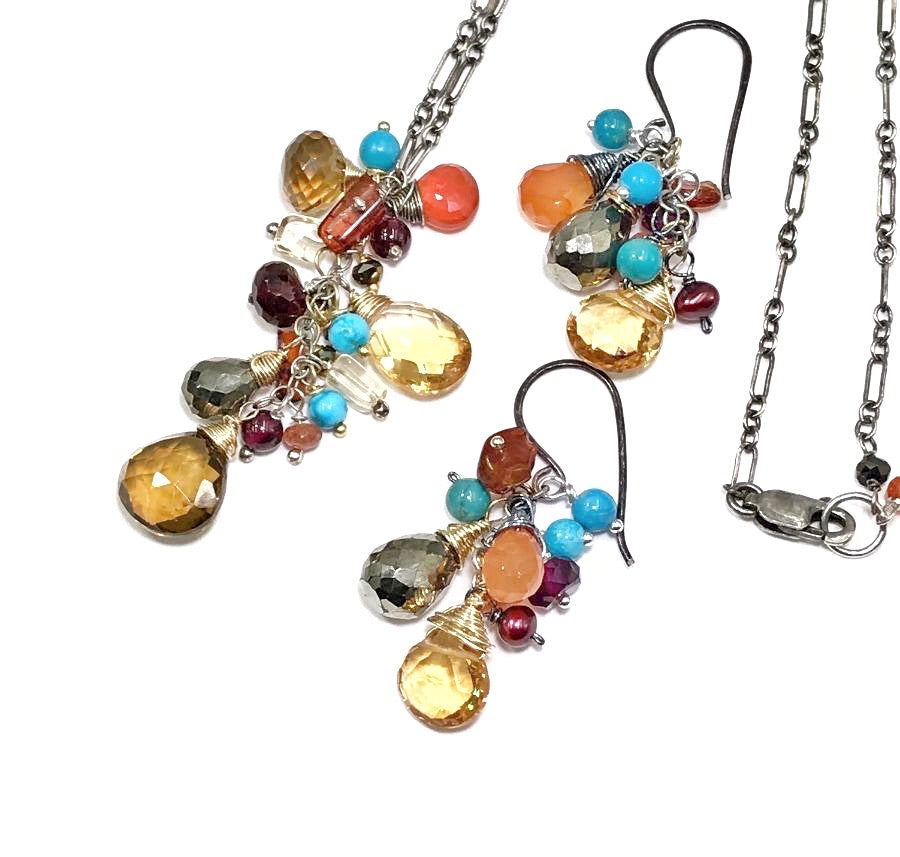 Citrine Garnet Turquoise Mixed Metals Necklace Set - doolittlejewelry