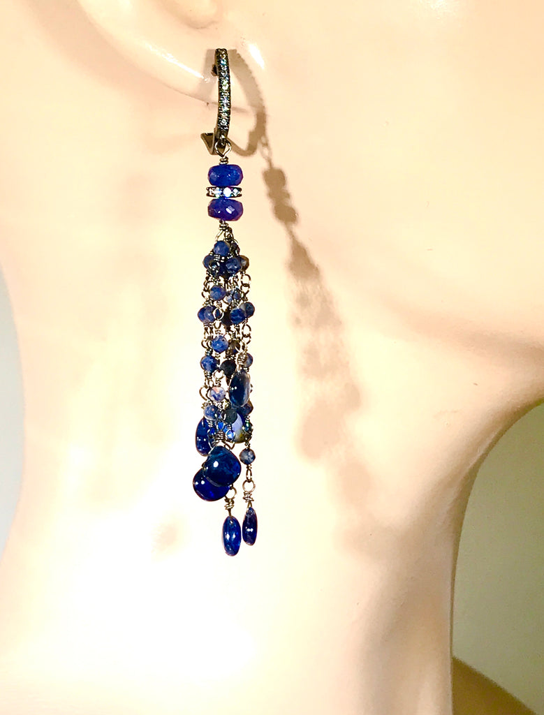 Blue Sapphire Kyanite Boho Tassel Earrings in Oxidized Sterling Silver - doolittlejewelry