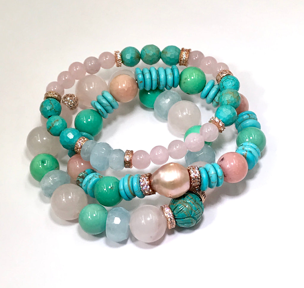 Turquoise Rose Quartz Aquamarine Stretch Bracelet Set of 3 Rose Gold - doolittlejewelry