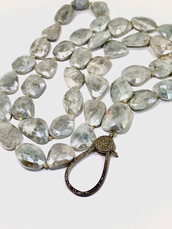 Diamond Clasp Long Boho Necklace Mystic Silver Grey Sapphire Slices - doolittlejewelry