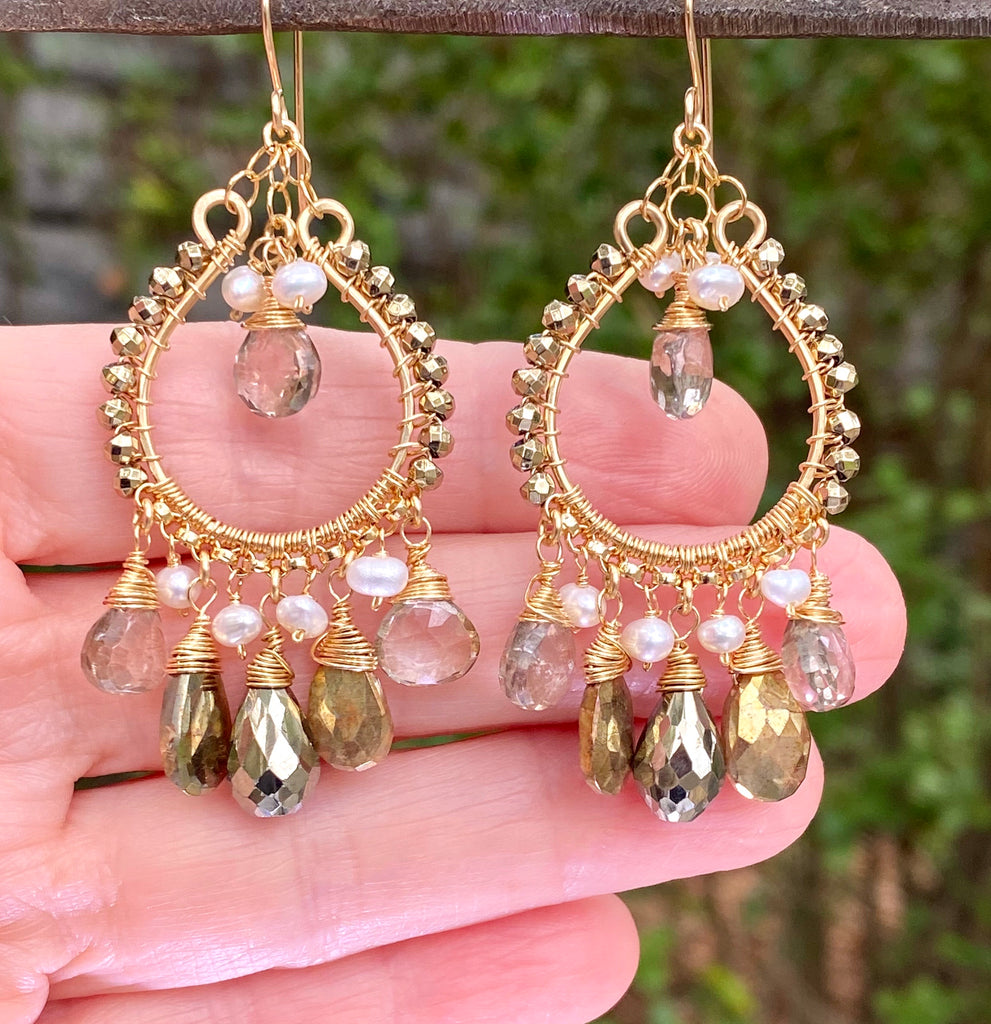Gold Hoop Earrings with Pyrite, Gold Labradorite, Smokey Quartz Post Style