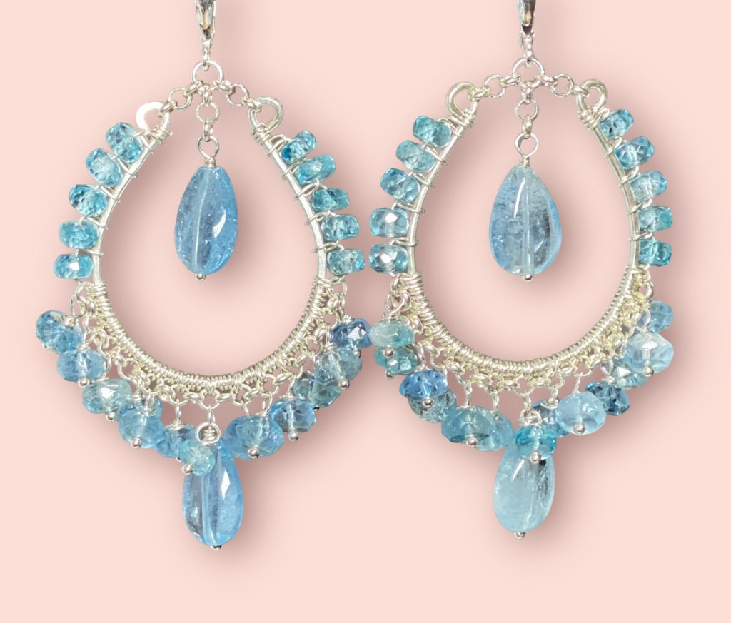 Aquamarine Sterling Silver Hoop Earrings with Blue Zircon