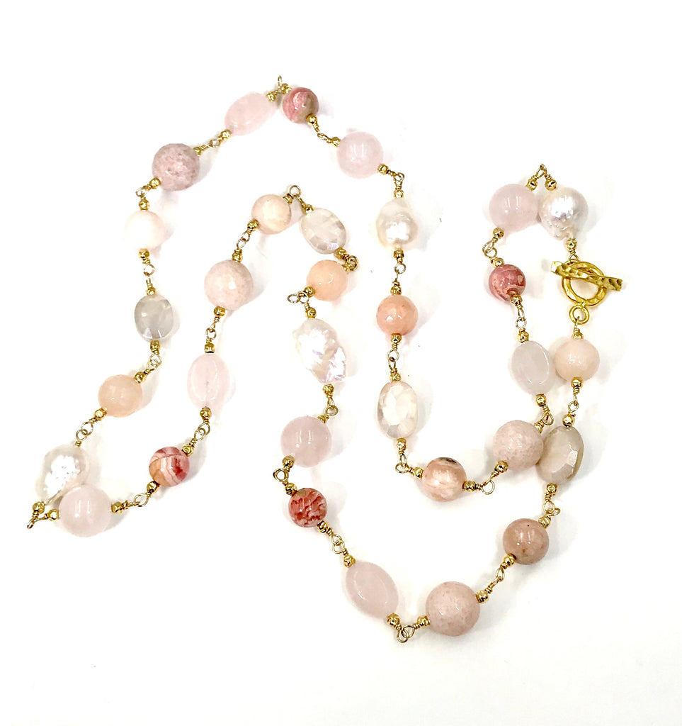 Long Multi Gemstone Blush Stone Pearl Wire Wrap Necklace 14kt Gold Fill - doolittlejewelry