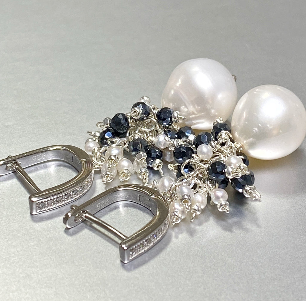 White Pearl Black Spinel Cluster Earrings Sterling Silver