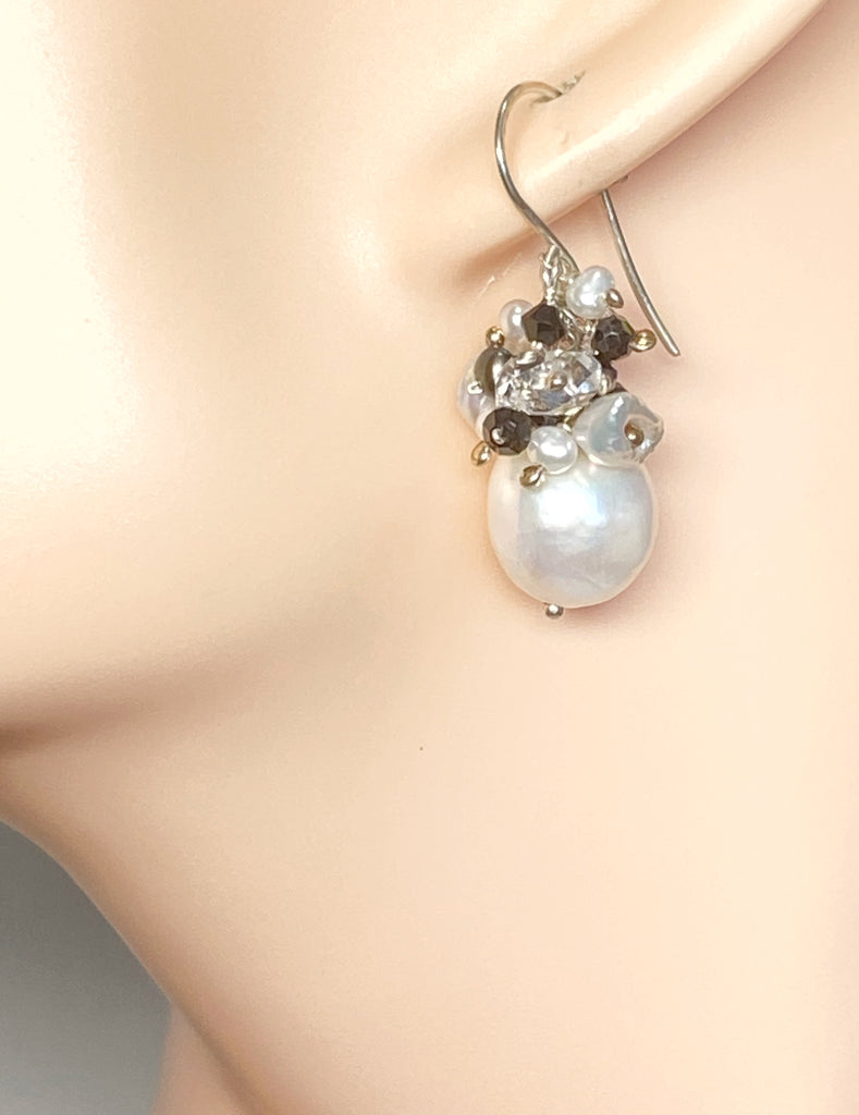 White Edison Pearl Cluster Earrings with Herkimer Diamond, Black Spinel