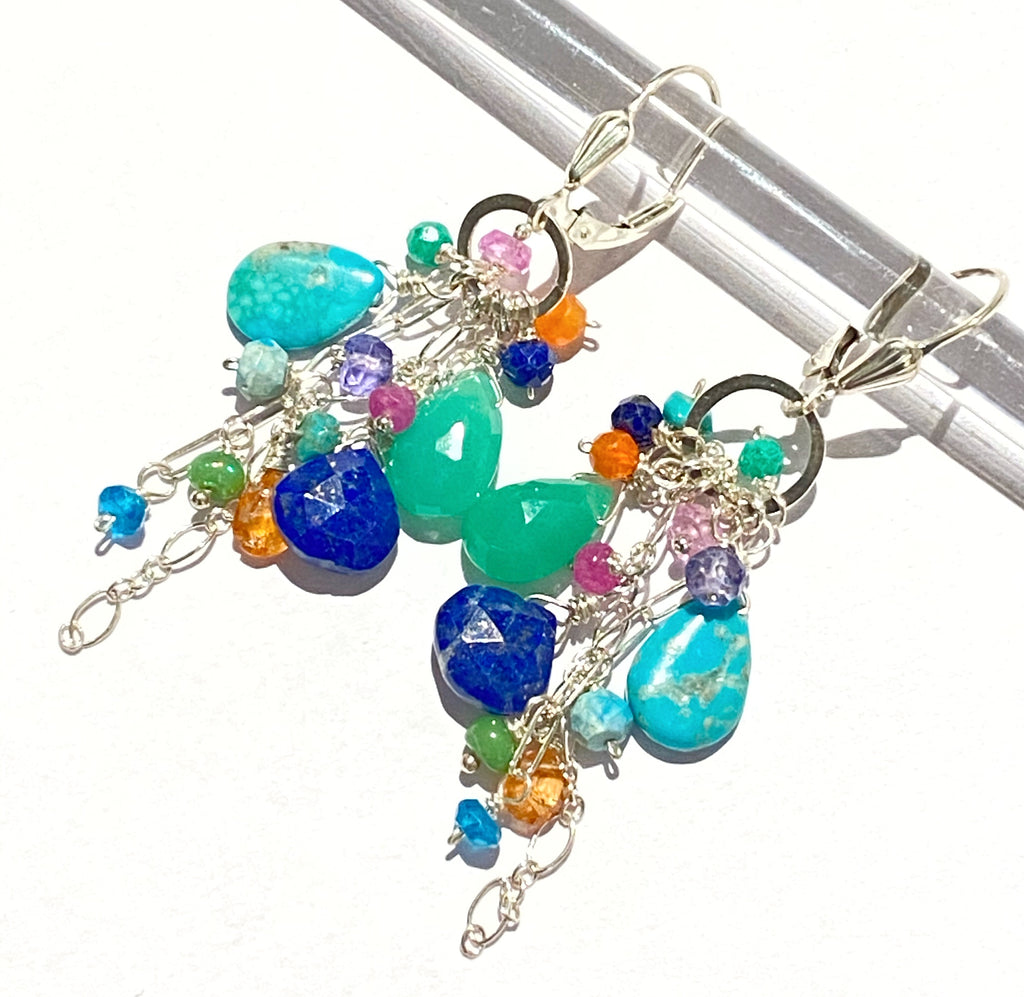 Sterling Silver Dangle Earrings Multicolor Gem Lapis Turquoise Chrysoprase