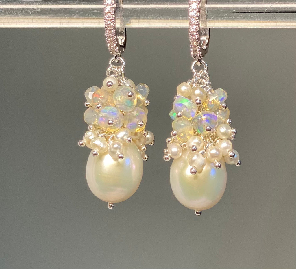 Pearl and Opal Cluster Earrings Sterling Silver