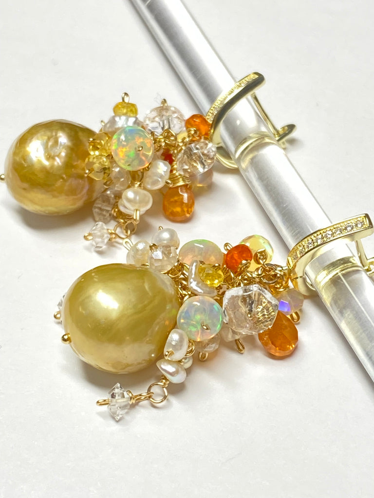 Pond-slime Baroque Pearl and Gemstone Cluster Earring