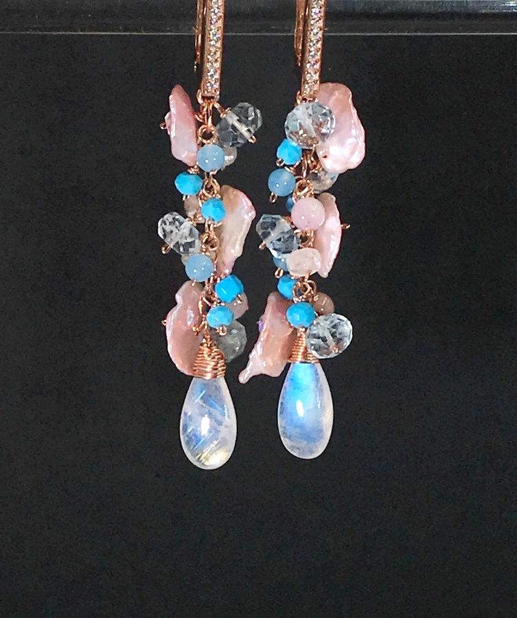 Moonstone and Blush Keishi Pearl Pastel Cascade Dangle Earrings