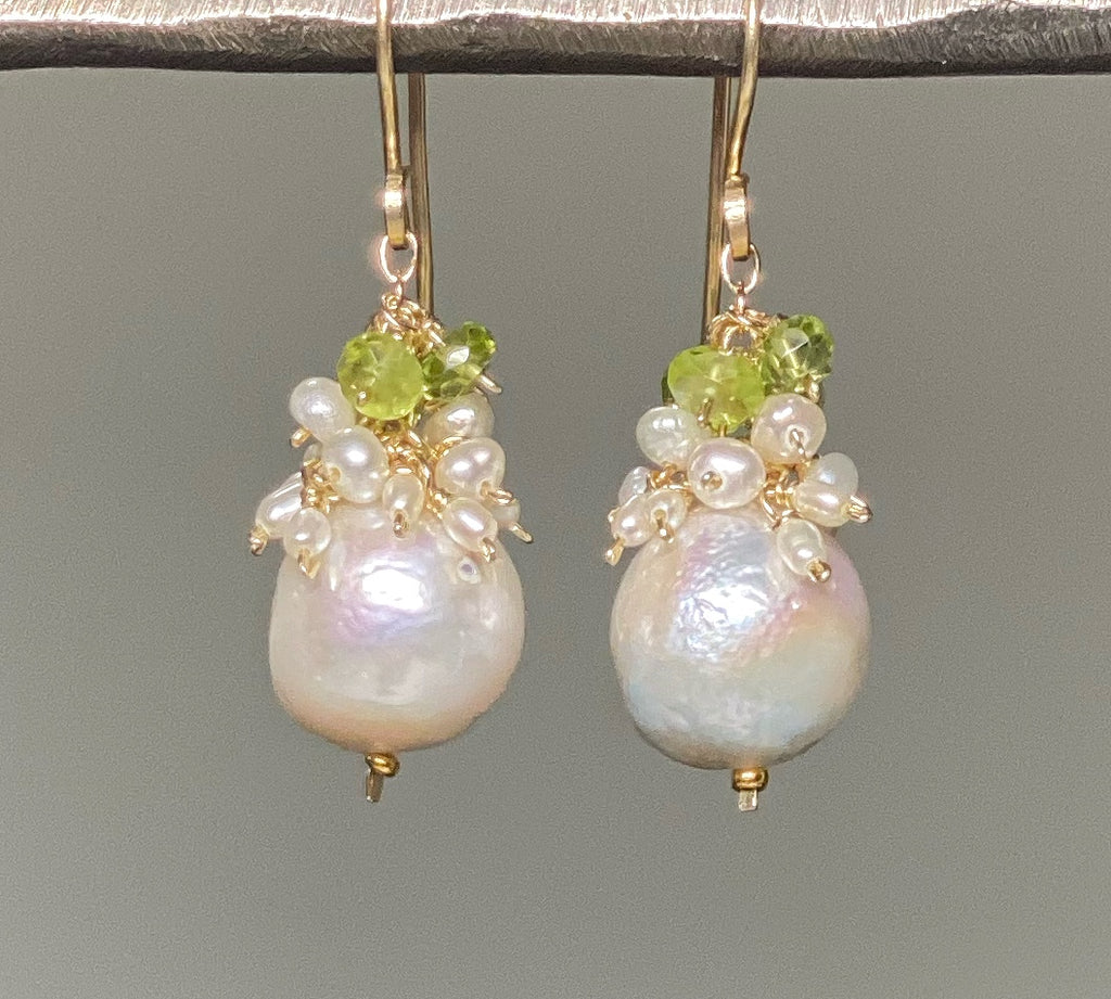peridot and edison pearl cluster earrings, gold fill, rose gold, sterling silver