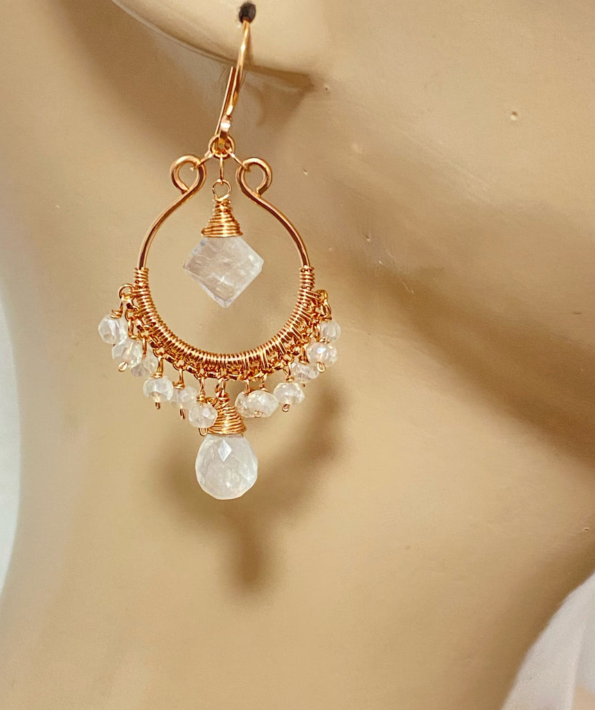 Rainbow Moonstone Rose Gold Hoop Chandelier Earrings