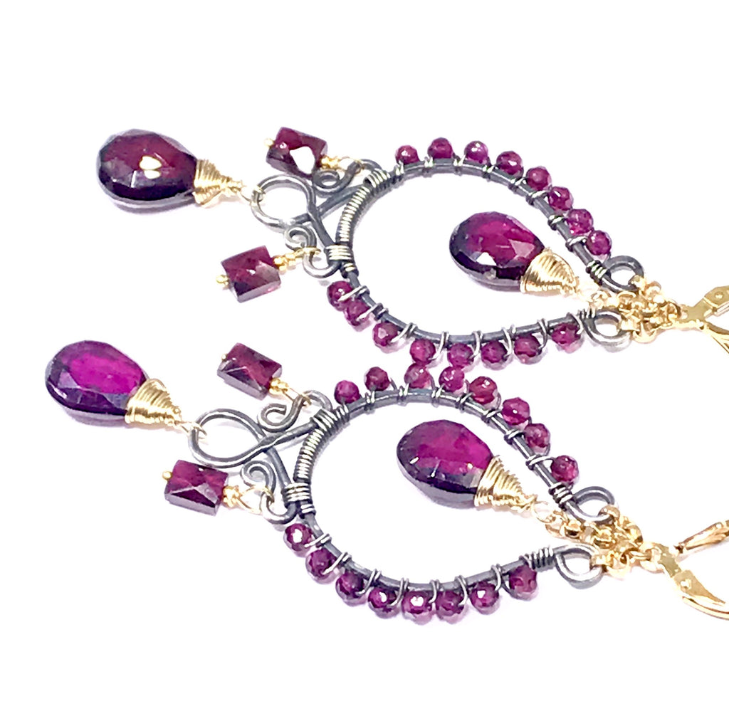 Rhodolite Garnet Chandelier Earrings Mixed Metal Boho Style Oxidized Silver Gold Fill