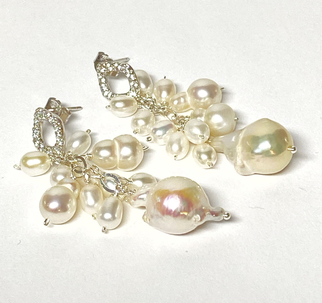 Pearl Dangle Wedding Earrings, Pave Silver Post