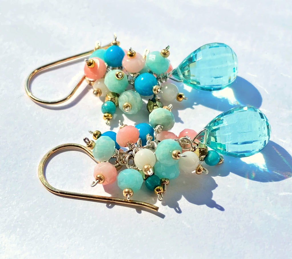 Aqua Quartz Multi Gem Cluster Earrings Mixed Metals