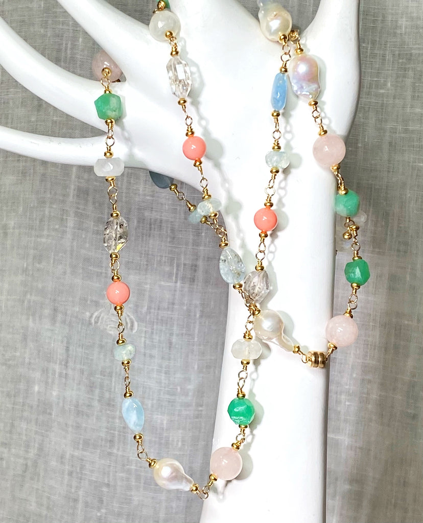 Multi Gemstone Pastel Long Necklace with Herkimer Diamond Aquamarine Gold