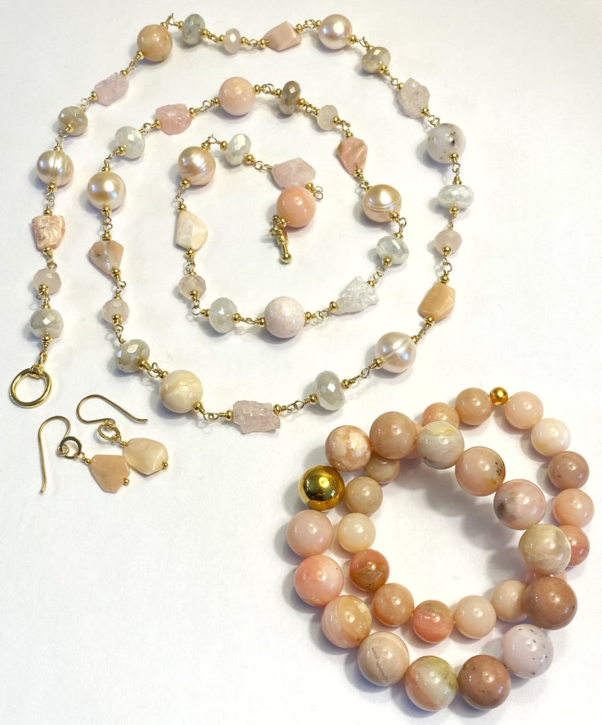 Pink Blush Gemstone and Pearl Long Necklace Gold Fill Wire Wrap