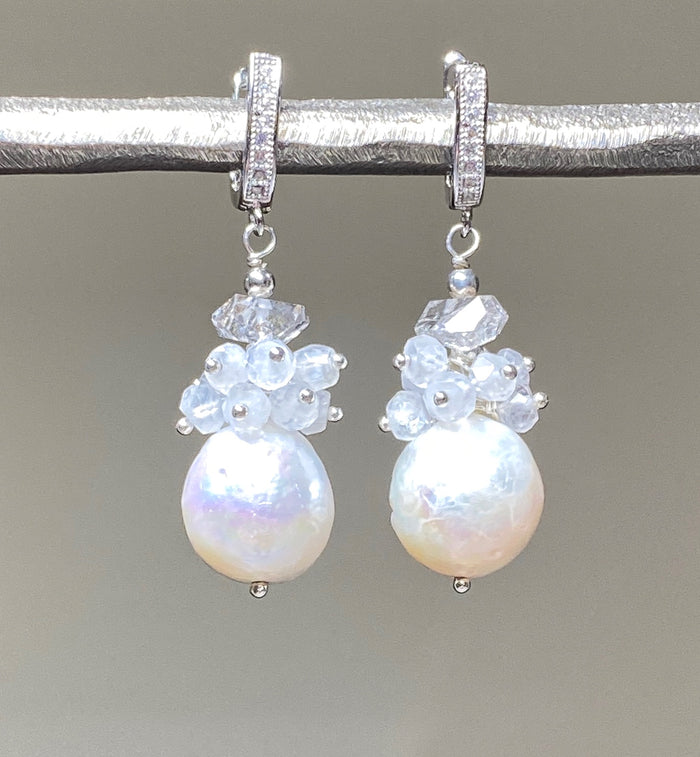 Herkimer Diamond, Edison Pearl, Moonstone Cluster Wedding Earrings