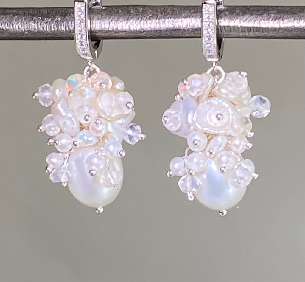 Baroque Pearl Bridal Cluster Earrings Sterling Silver