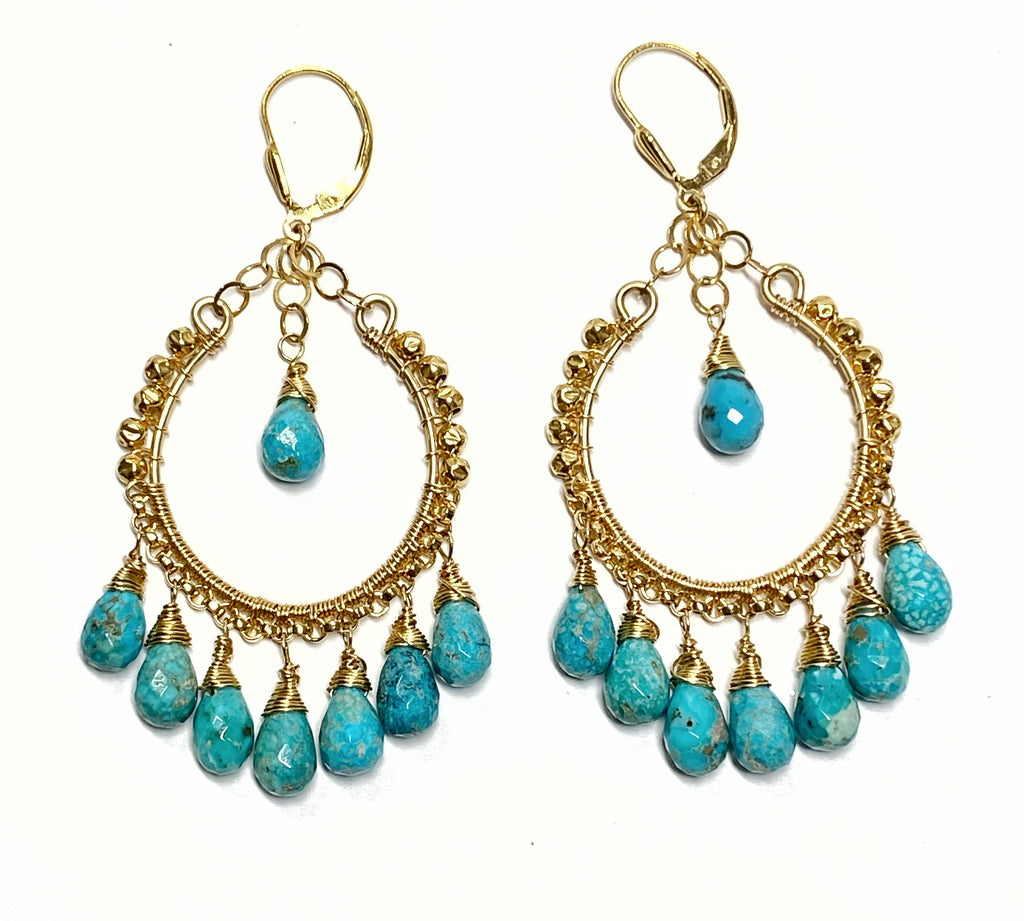 Turquoise Gold Hoop Chandelier Earrings