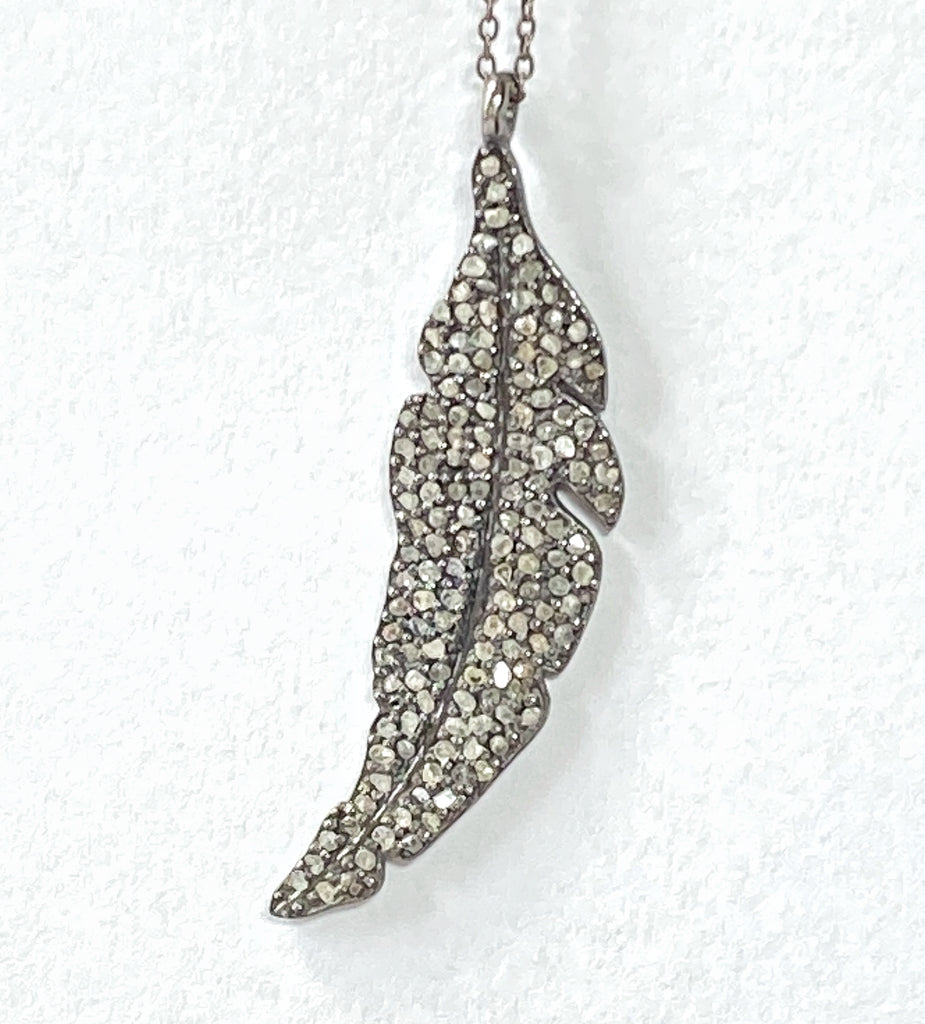 Pave Diamond Feather Pendant, Oxidized Sterling Silver