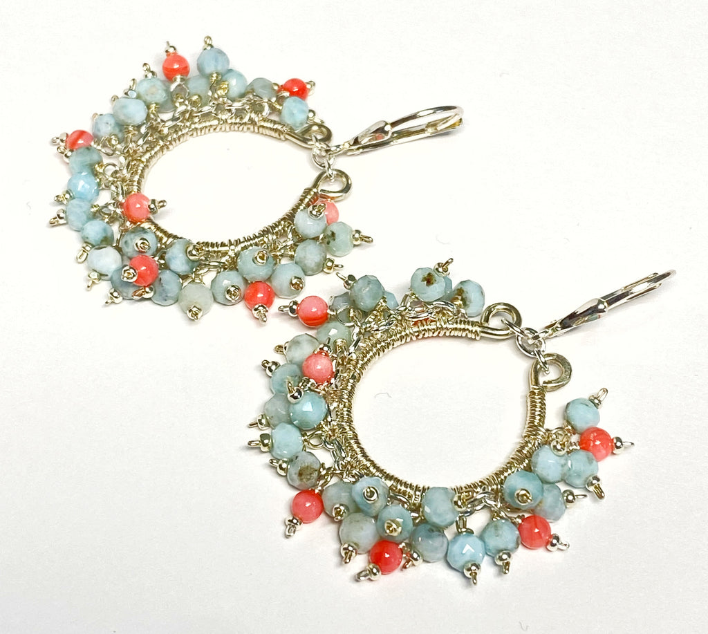 Larimar and Coral Hoop Earrings Sterling Silver