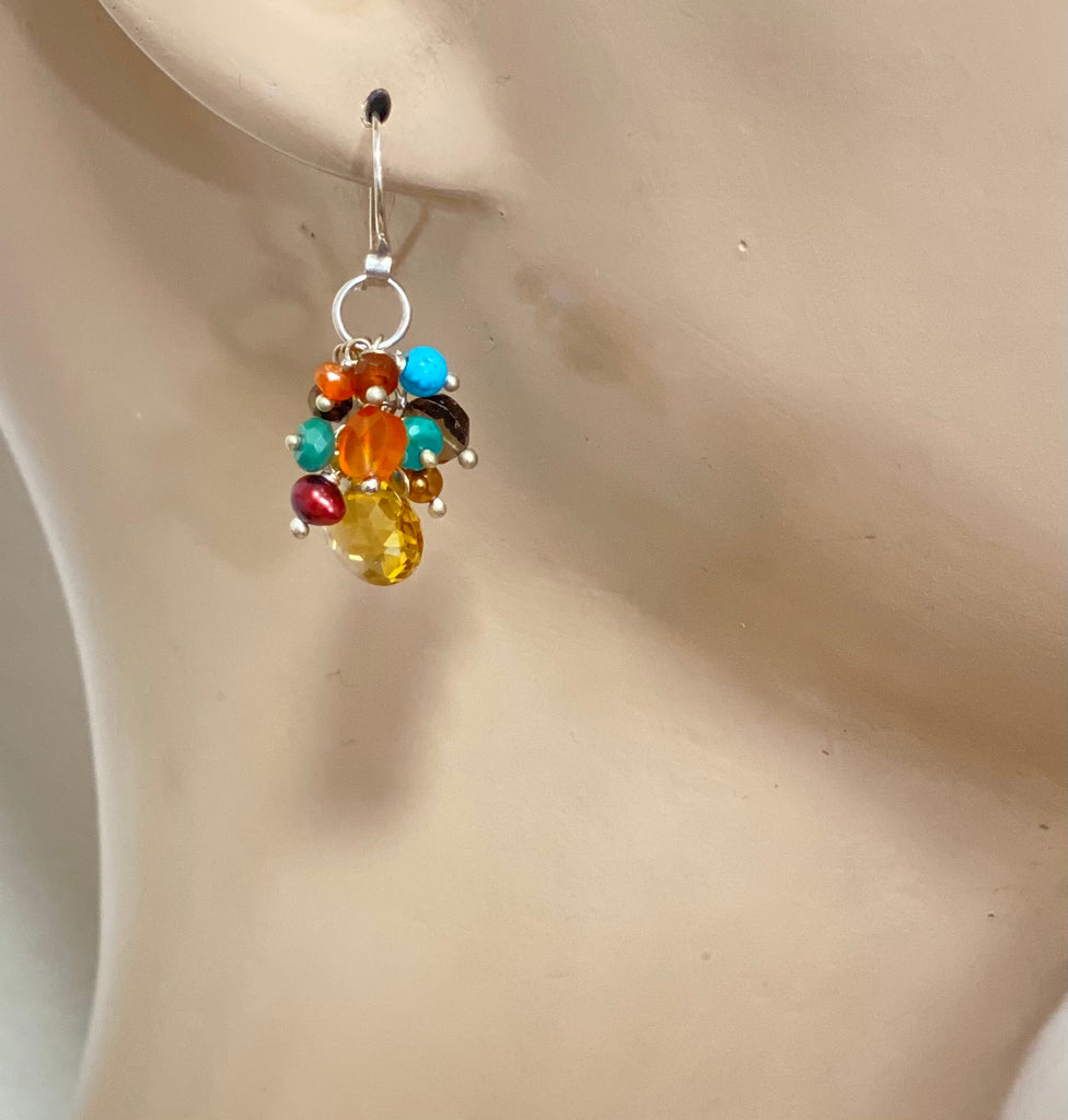 Citrine Earrings with Multi-color Gemstone Clusters Sterling Silver