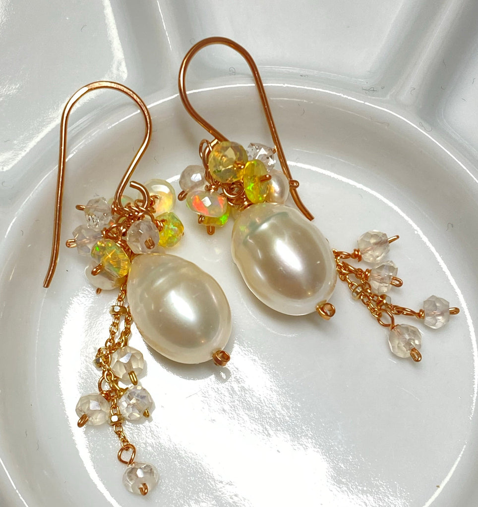 Rose Gold, Opal Cluster, Pearl Earrings