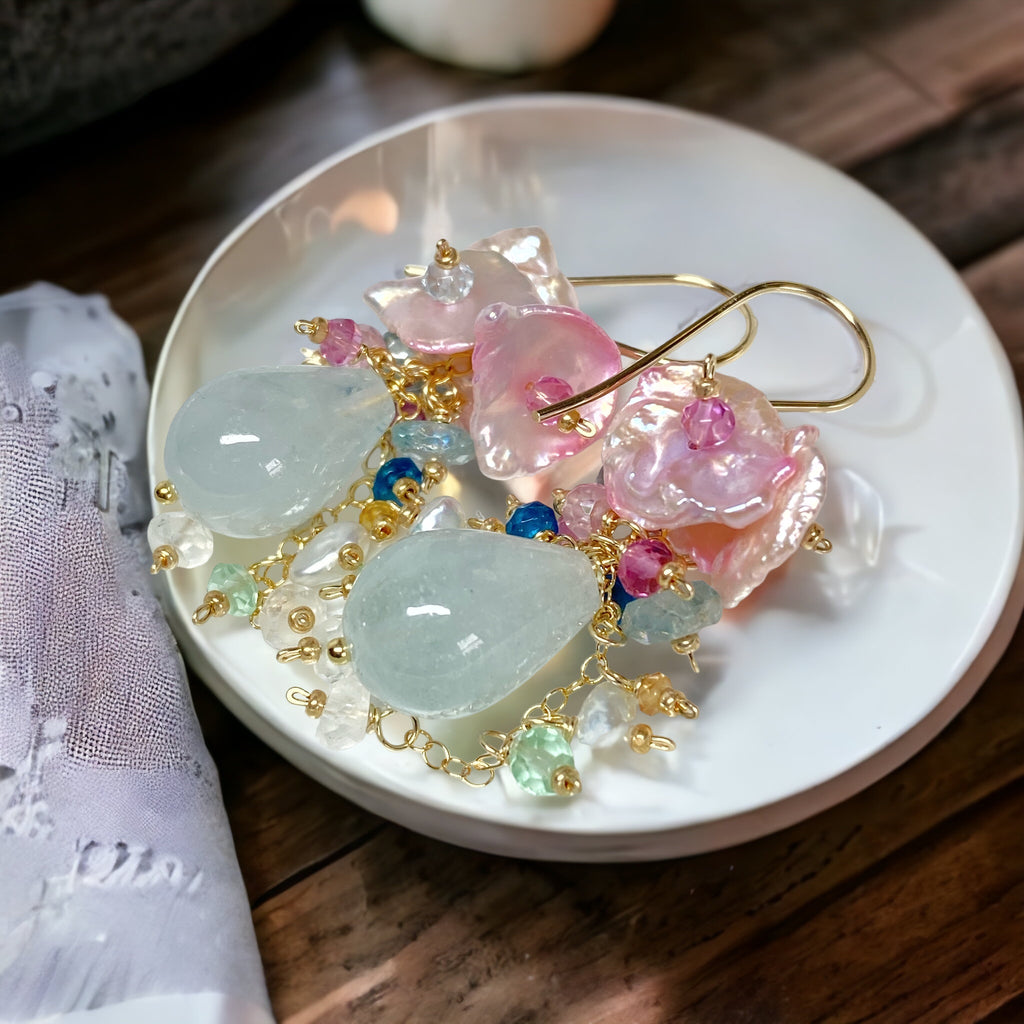 blue aquamarine drop earrings with pink keishi clusters and colorful gemstone cascades on chains gold fill