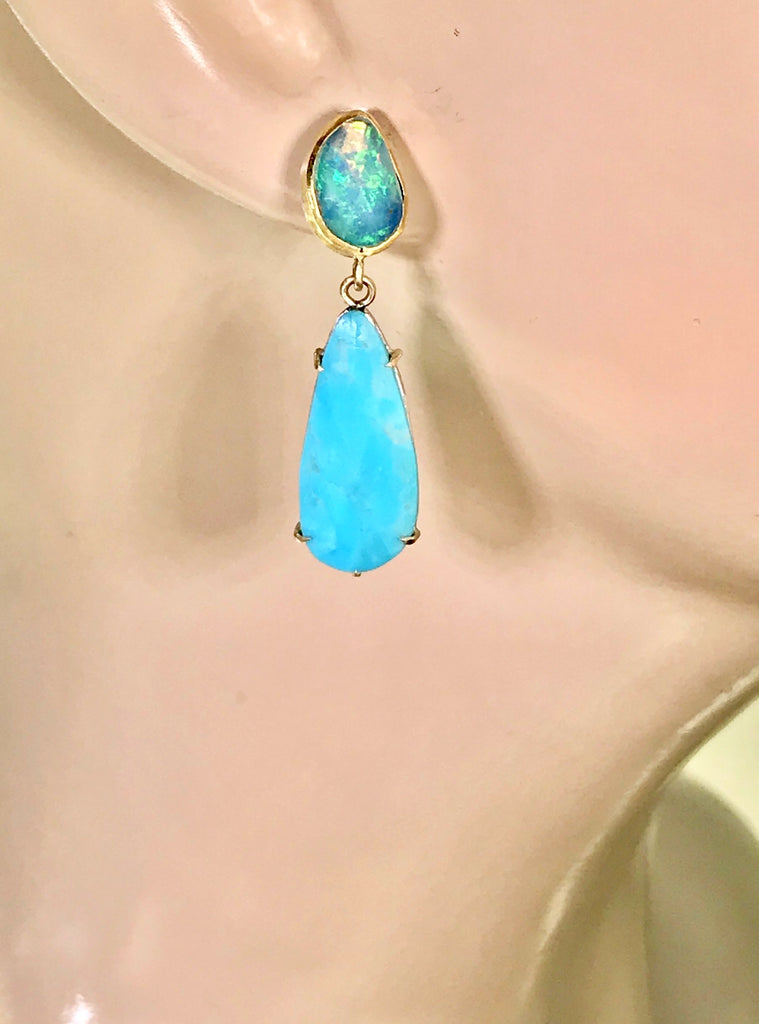 Opal and Sleeping Beauty Turquoise Dangle Earrings Gold Prong Set