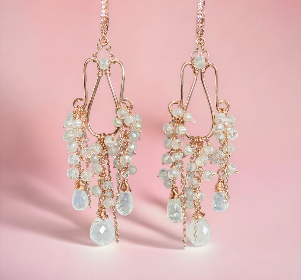 rose gold fill handmade statement chandelier earrings with rainbow moonstones and mystic quartz