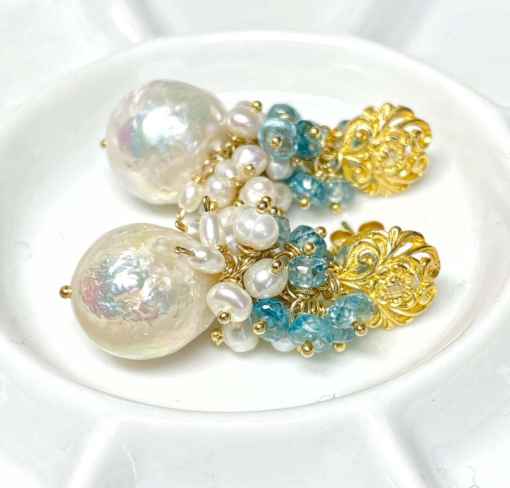 Blue Zircon Pearl Cluster Earrings Gold Post